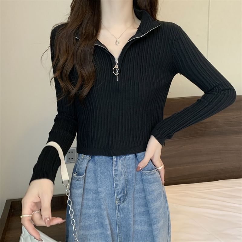 LINSI - Lange mouwen, getailleerd, effen, slim-fit gebreide top met halve rits