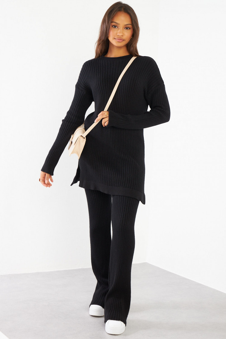Ensemble 2 pièces pull + pantalon noir en laine côtelé