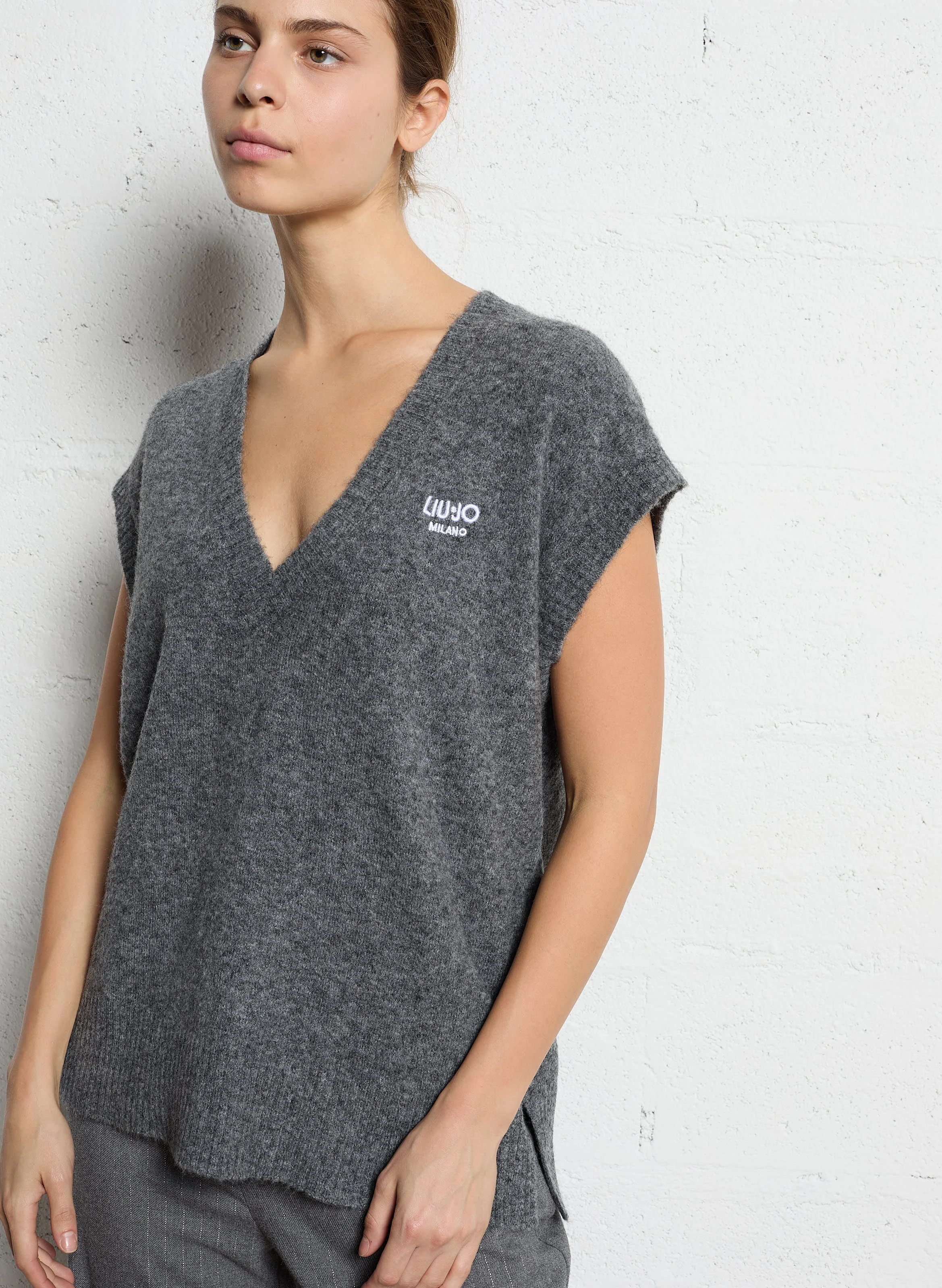 Pull sans manches en maille| Gris
