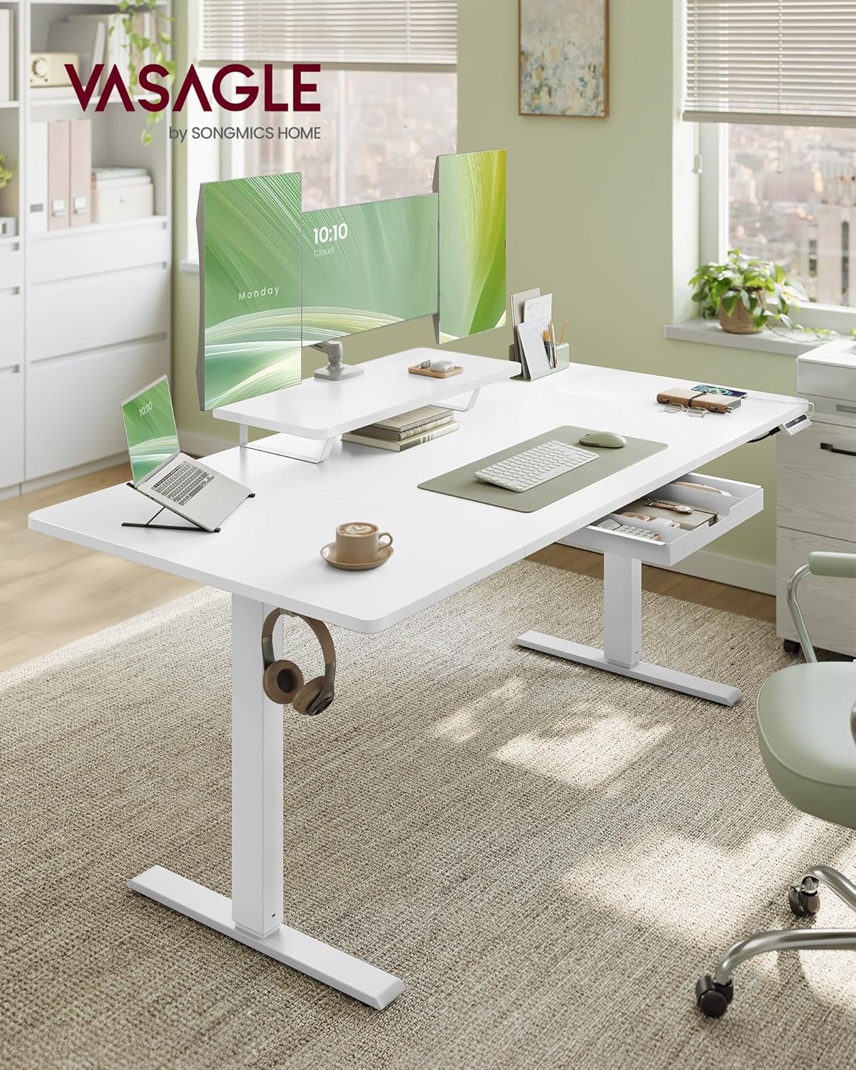 VASAGLE Höhenverstellbarer Schreibtisch, 160 x 80 cm, flexibel montierbarer Monitorständer, Schublade, USB-C-Anschluss, Erinnerung bei langem Sitzen, für Büro, wolkenweiß LSD156WB01