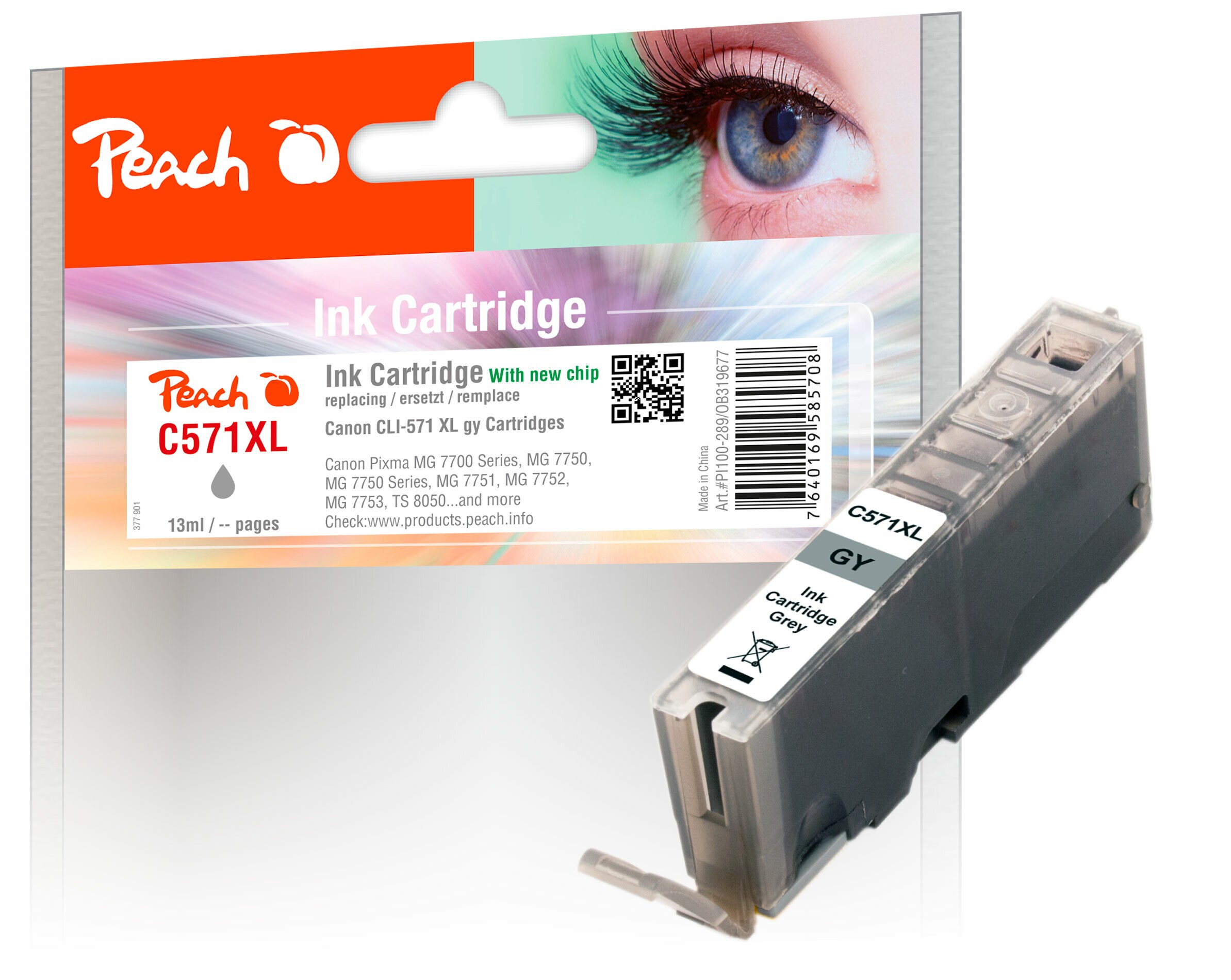 Peach C571 XLGY Druckerpatrone XL gy ersetzt Canon CLI-571XLGY, 0335C001 für z.B. Canon Pixma TS 8050, Canon Pixma MG 7700, Canon Pixma MG 7750