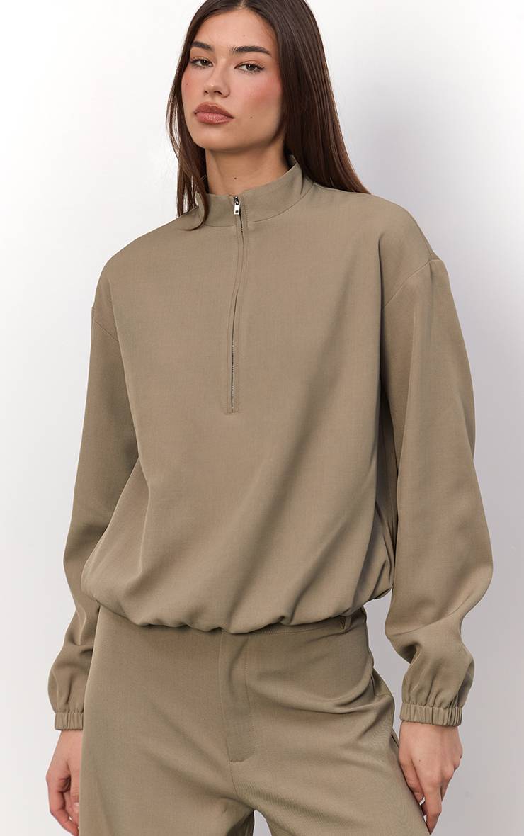 Kaki Clair Veste Tissée À Fermeture Éclair Quart