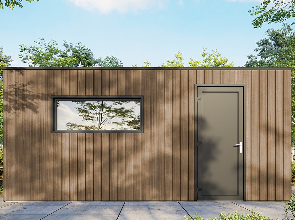 Garage bois composite silverstone - bardage couleur teck / teak - surface : 20m² - porte sectionnelle motorisée - 2 télécommandes