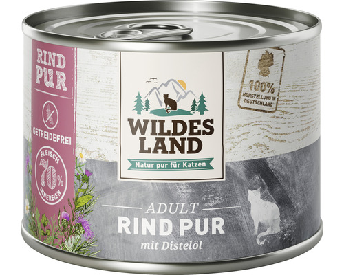 WILDES LAND natvoer voor katten, puur rundvlees met saffloerolie en waardevolle superfoods, graanvrij, glutenvrij, 200 g