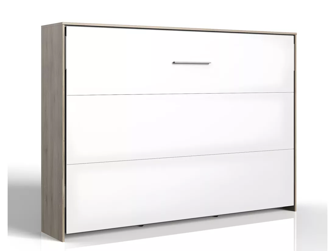 Lit escamotable horizontal coloris blanc/imitation chêne - L. 212 x H. 154 x P. 43-167 cm