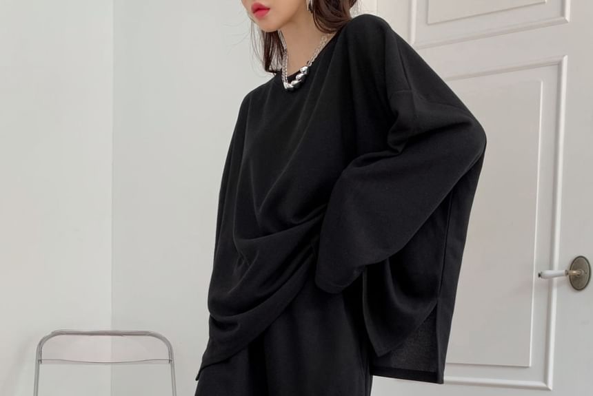 Chubby Girl - Set: Effen top met lange mouwen en losse pasvorm + Effen broek met elastische taille