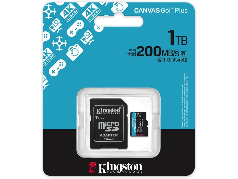 Kingston microSDXC-Karte Canvas Go! Plus 1000 GB SD-Karte UHS-I U3, 200 MB/s / 160 MB/s, ‎Klasse 10