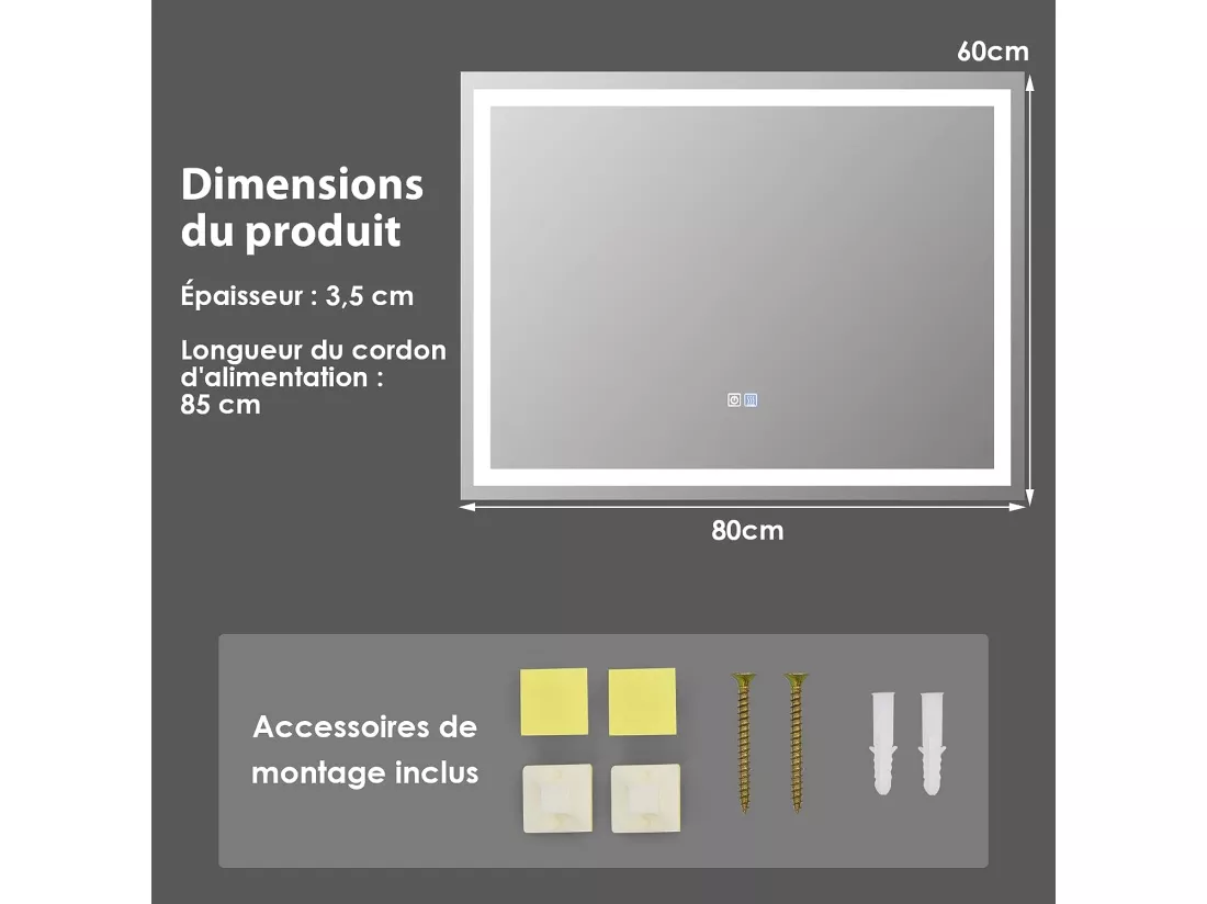 Miroir de Salle de Bain Anti-Buée LED, 80 x 60 cm, Miroir Mural Lumineux avec 3 Eclairages Blanc Froid/Neutre/Chaud, Miroir LED Rectangulaire avec Interrupteur Tactile et Fonction