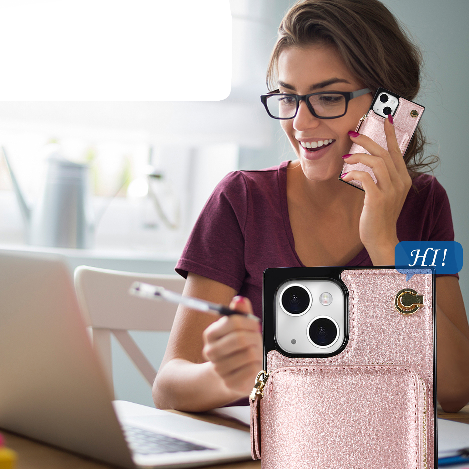 iPhone 13 Necklace Leder Schutz Hülle mit Kartenfächer   Handykette (140cm) - Roségold