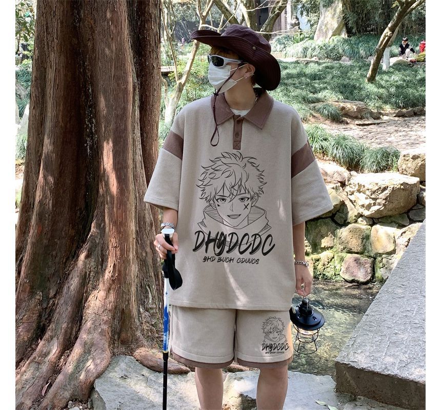 Derbundy - Set: Anime Print Panel Polo Shirt met Elleboogmouwen + Sweat Shorts