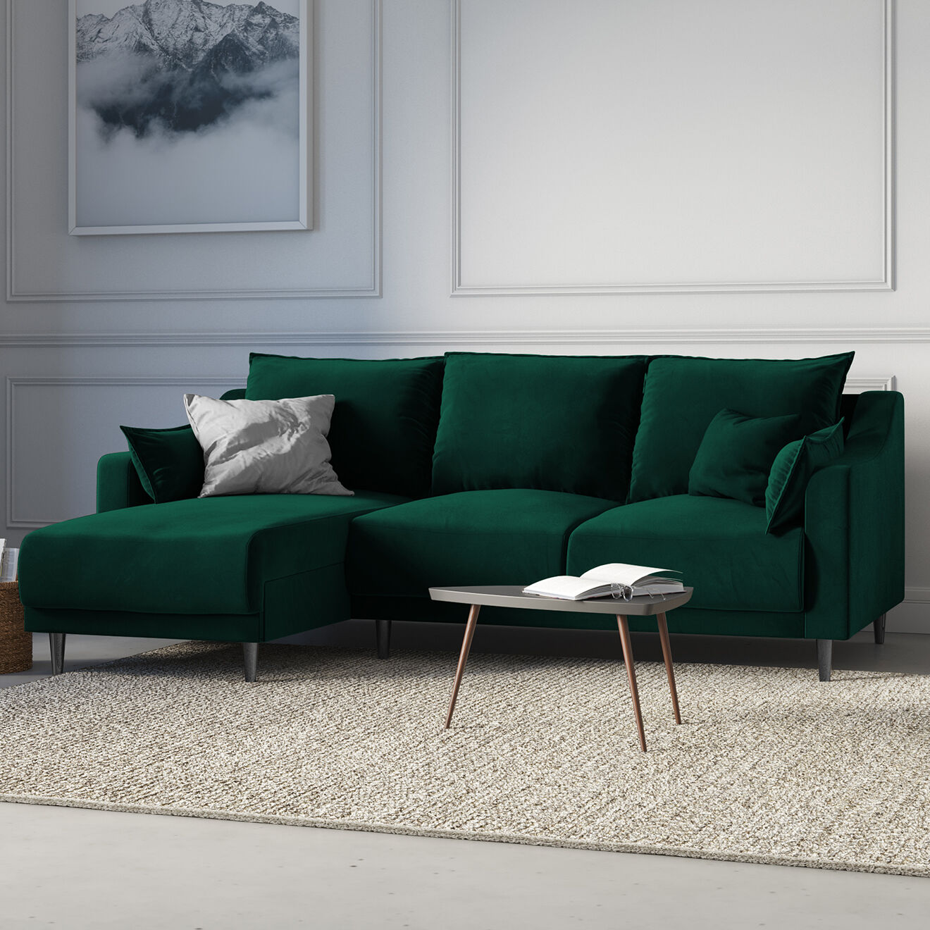 Mazzini Sofas Canapé d'angle Réversible Convertible avec Coffre en Velours Freesia vert bouteille - 220x150x90 cm