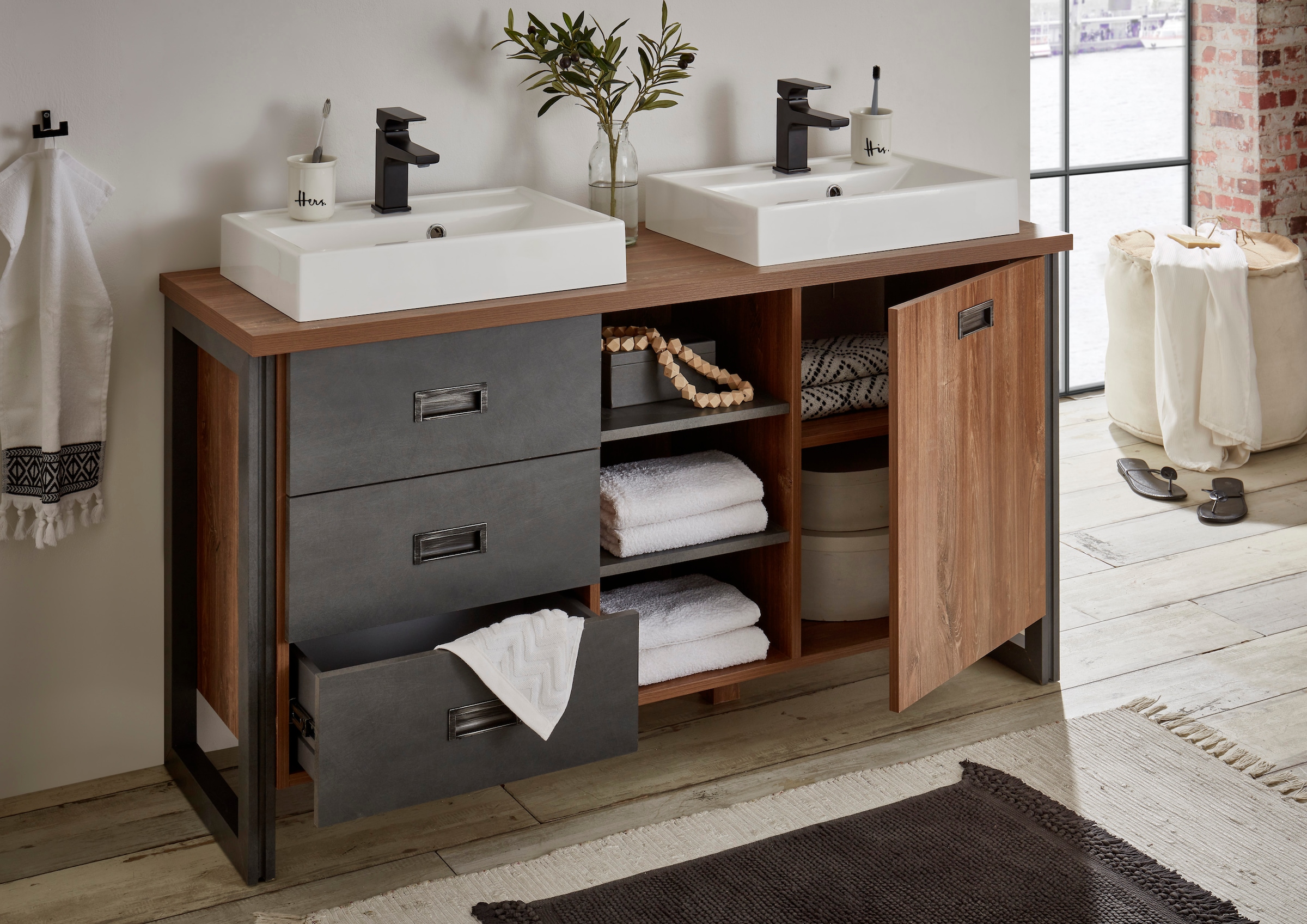 Home affaire Waschtisch »Detroit, Unterschrank mit Apothekergriff, Badschrank, Industrialdesign«