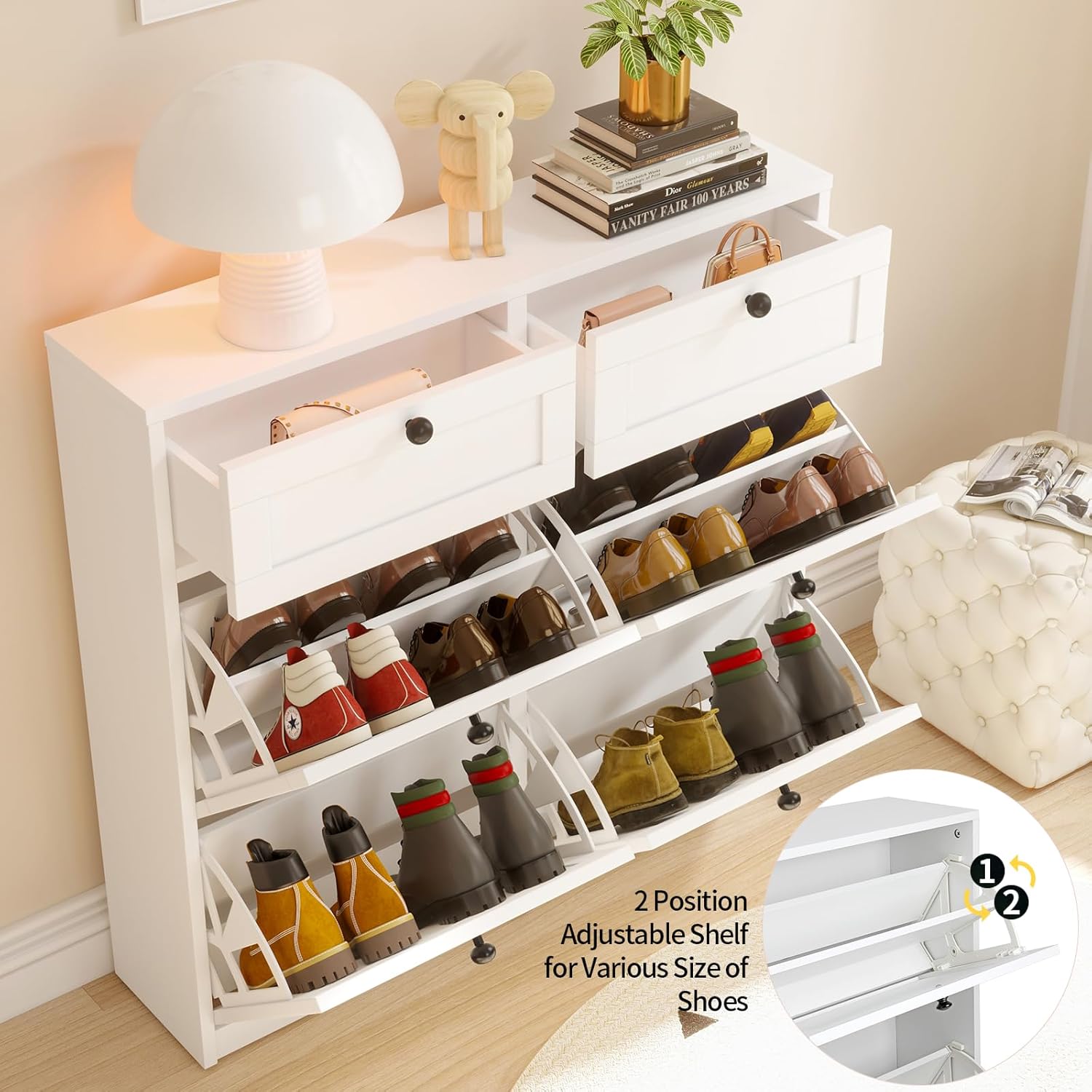 VOWNER Schuhschrank mit 4 Klappen, Schuhregal Schuhkipper Schmal, Schuhschrank Weiss, Schuhablage Verstellbar, 105 x 24 x 100 cm, Anti-Kipp-Vorrichtung für Eingangsbereich, Flur (Weiss)
