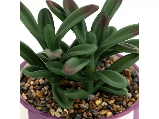 Plante grasse artificielle dans un pot en céramique à rayure mauve H 16.5 cm