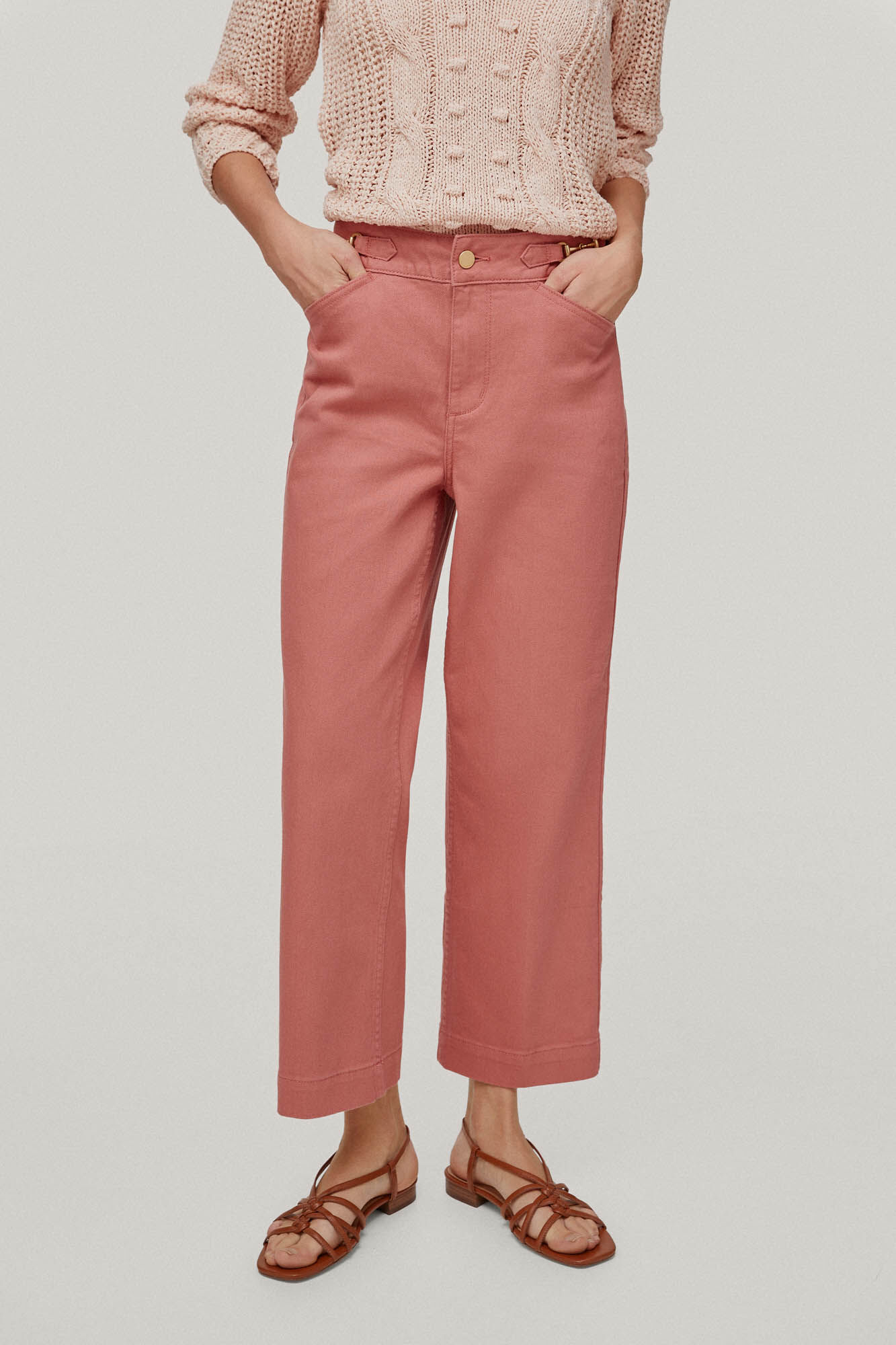 Calça jeans cropped de perna larga - Rosa