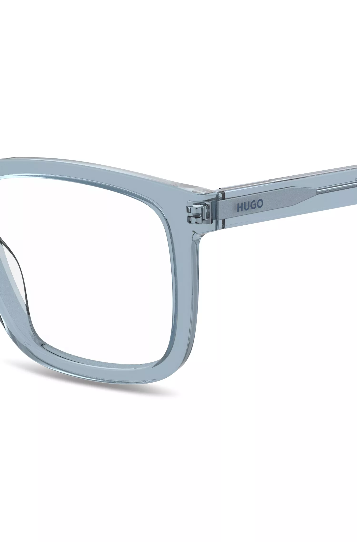 Armação de óculos HUGO em acetato transparente vermelho nas cores azul e verde.