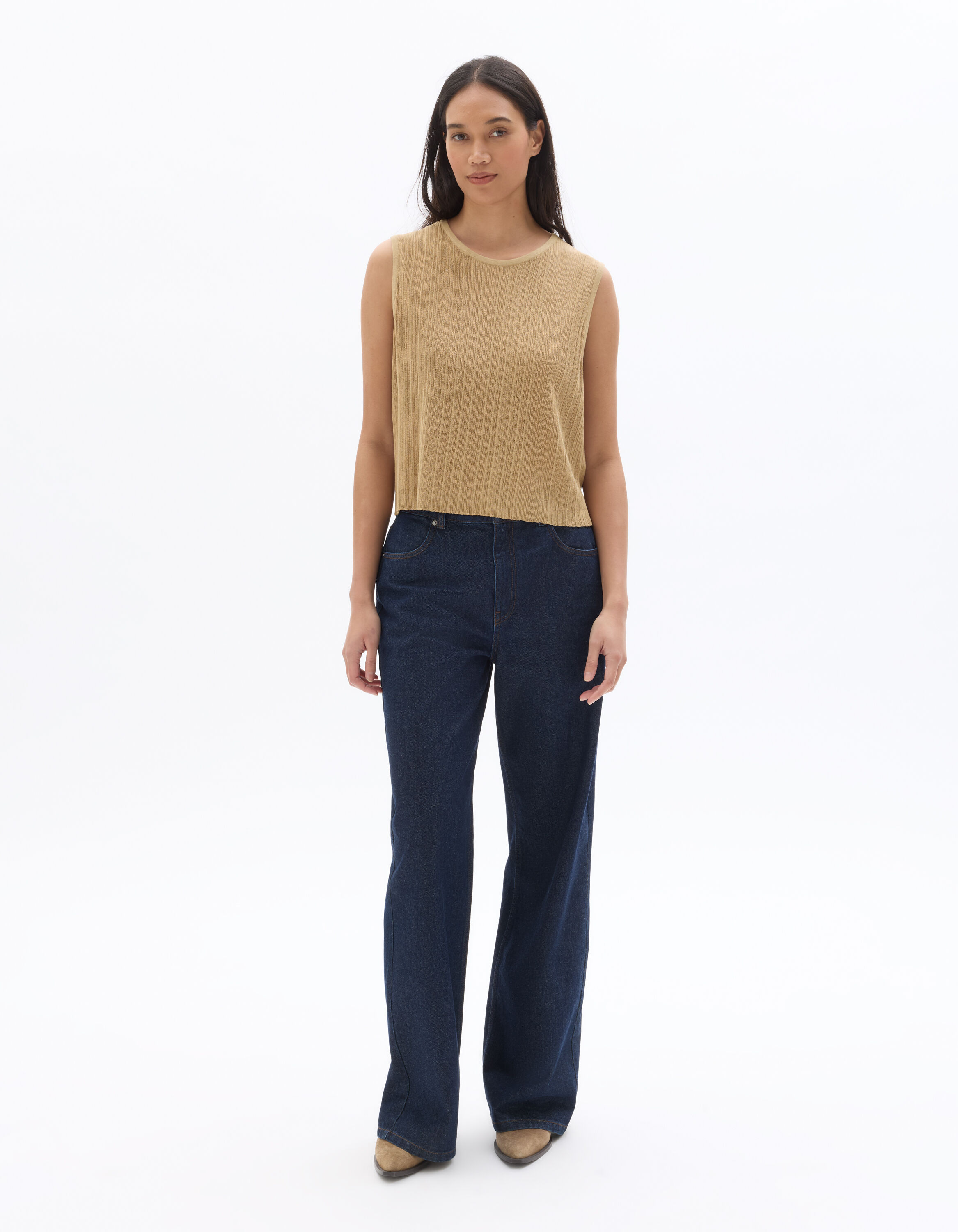 Pull sans manches rayé texturé - beige