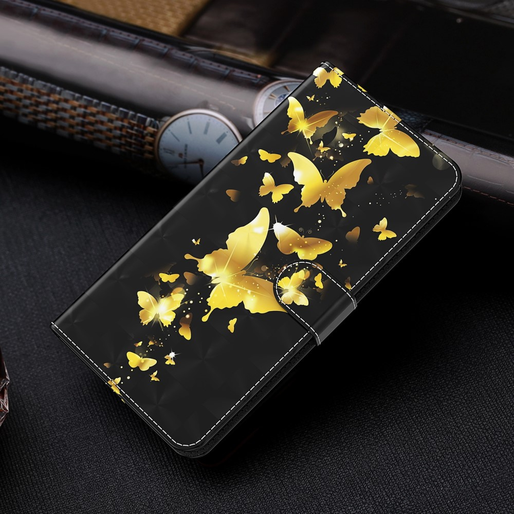 Samsung Galaxy S22 5G Leder Tasche mit Kartenfach   Handschlaufe - Schmetterling (Schwarz / Gold)
