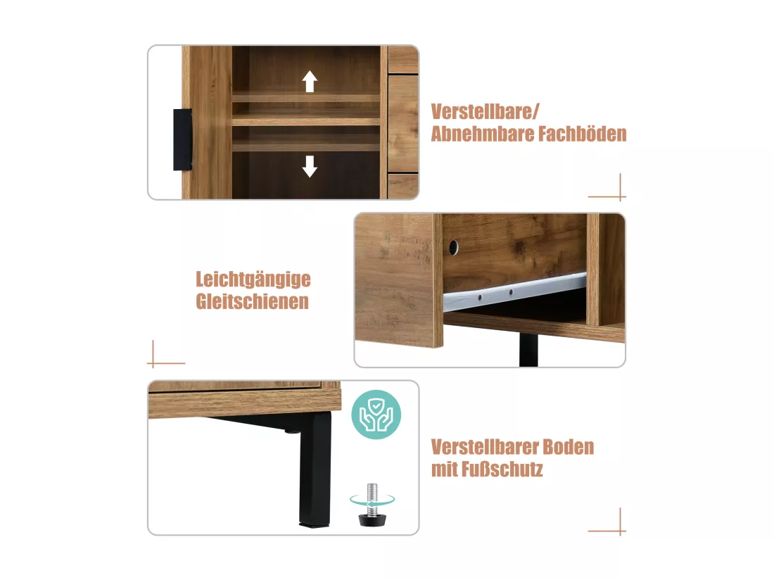 Commode 2 portes et 3 tiroirs, 120 x 40 x 76 cm, Panneaux de particules + métal, Chêne foncé