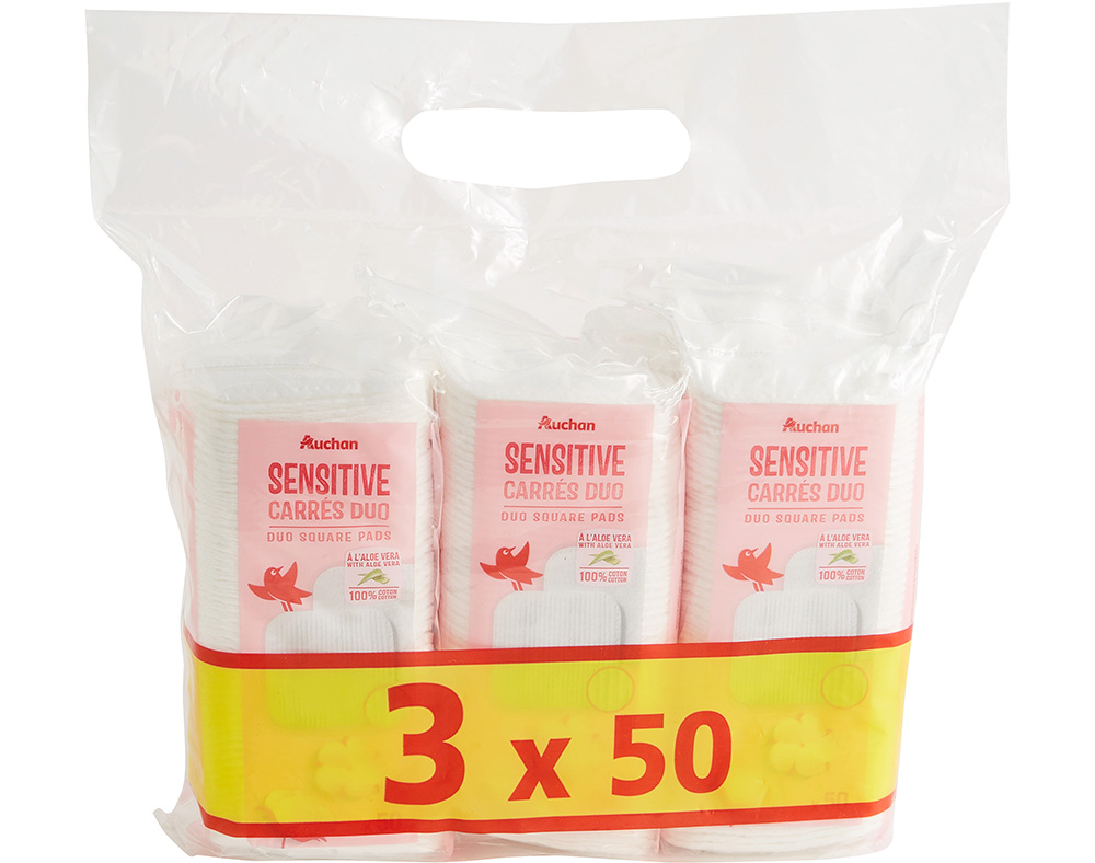 QUADRADOS 100%ALGODÃO AUCHAN SENSÍVEL DESMAQUILHANTE 3X50UN