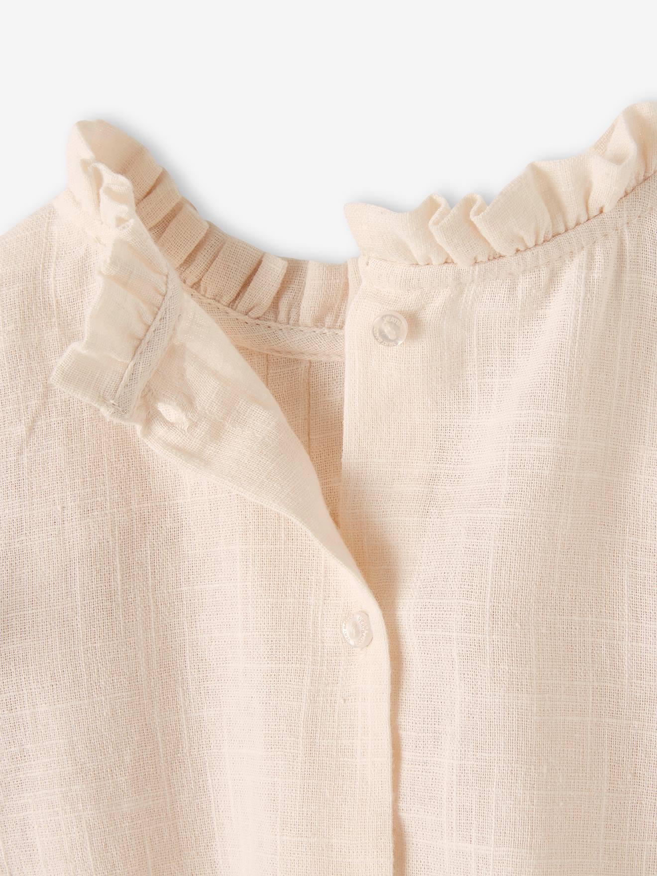 Blusa com babado em tecido texturizado, rosa bebê para maquiagem