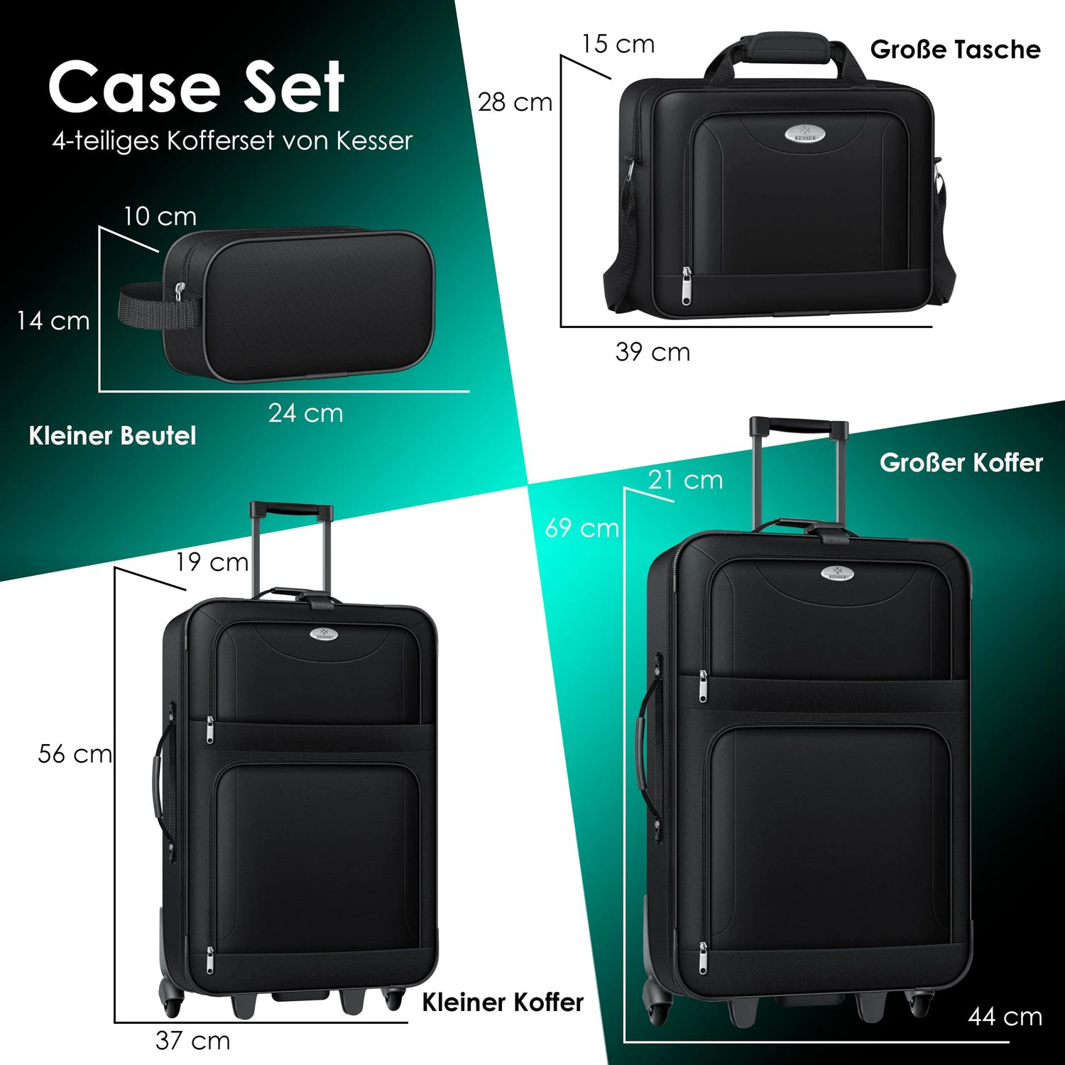 KESSER® 4tlg Trolley Kofferset | Reisekoffer Setmit Rollen | Komplettes Business 4er Set | S M L XL | Netzfach | Rollen | Teleskopgriff | Koffer Reisetaschen Stoffkoffer | Handgepäck |