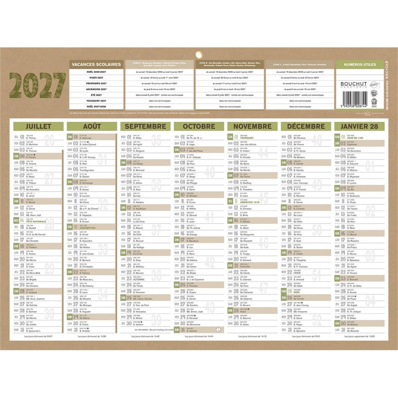 Calendrier semestriel mural 2027 - Or - L 42 x 32 cm