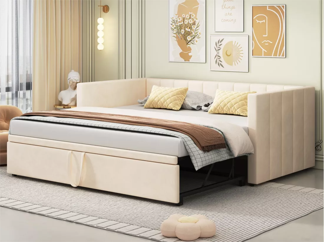 Lit gigogne 90 x 200 cm pour enfant - velours - sommier inclus - coloris beige