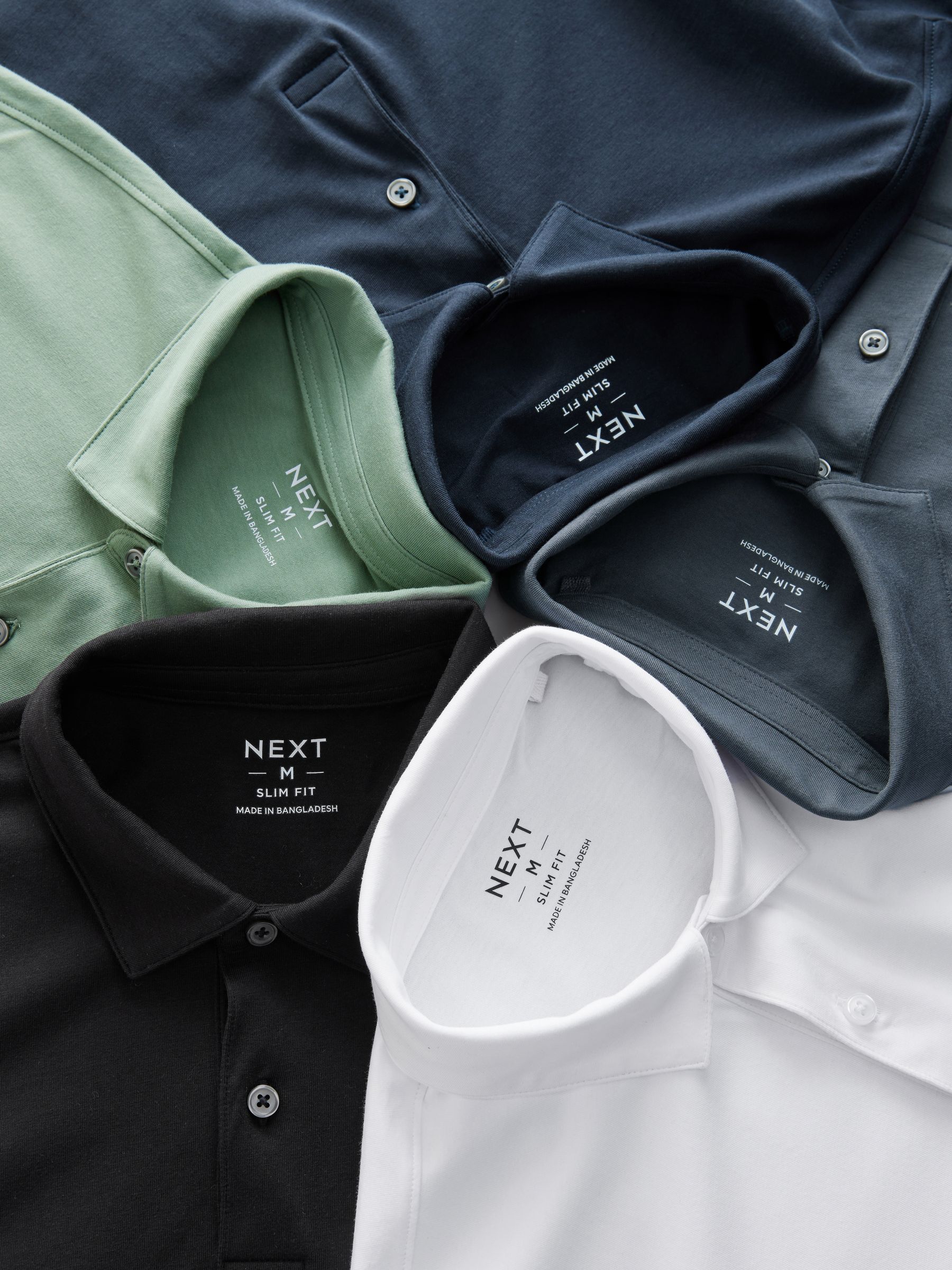 Marineblauw/zwart/grijs/wit/saliegroen - Slim Fit - Set van 5 jersey poloshirts met korte mouwen