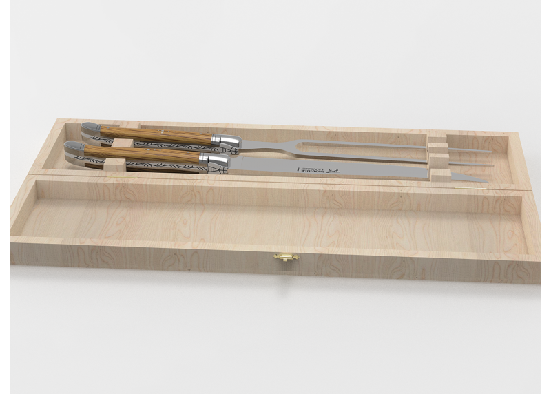 Service à viande Laguiole avec un manche en bois de chêne et mitres en acier inoxydable