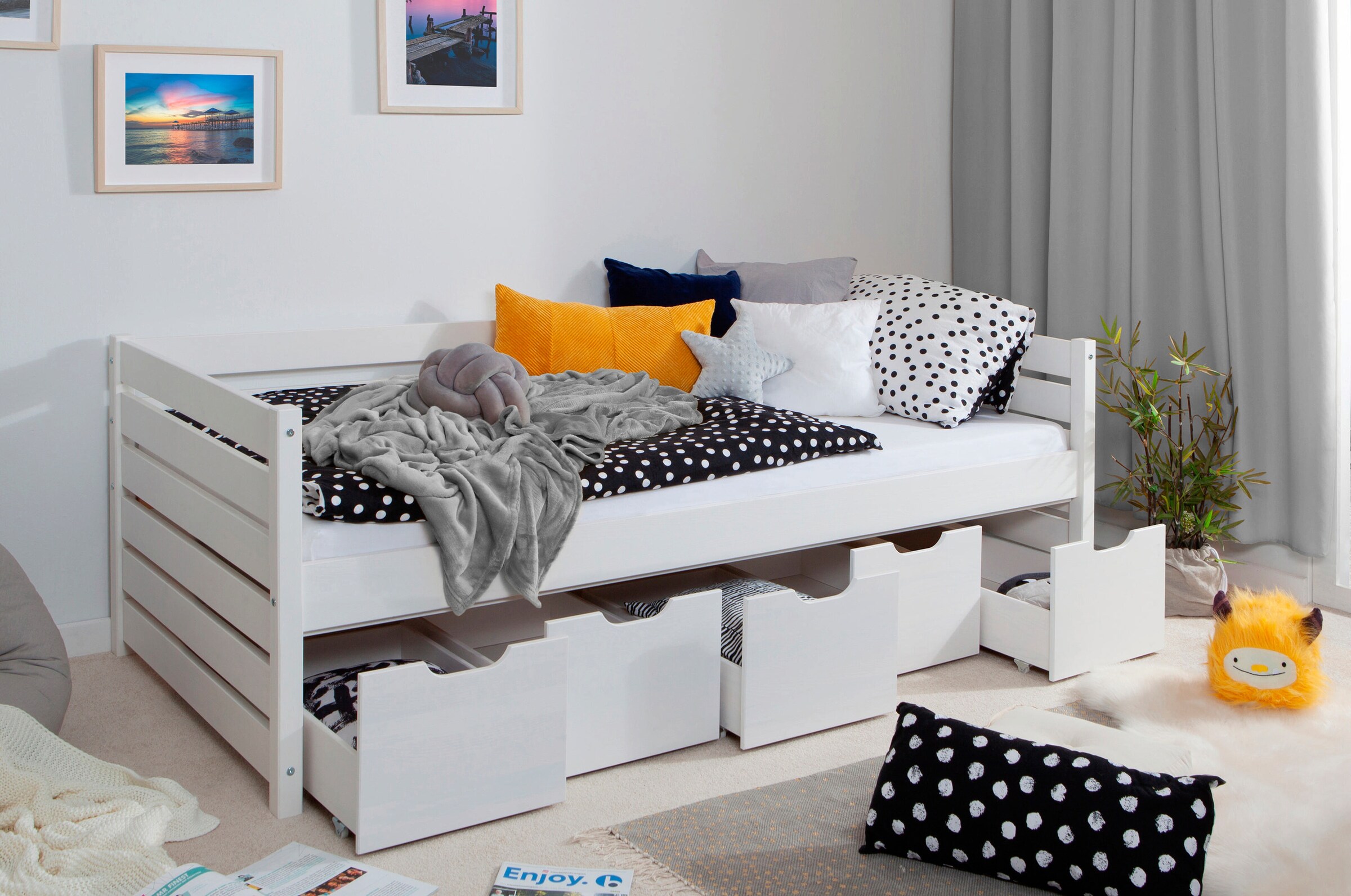 Ticaa Sofabett Naomi inkl. 5x Schubkästen, 90x200 Weiß