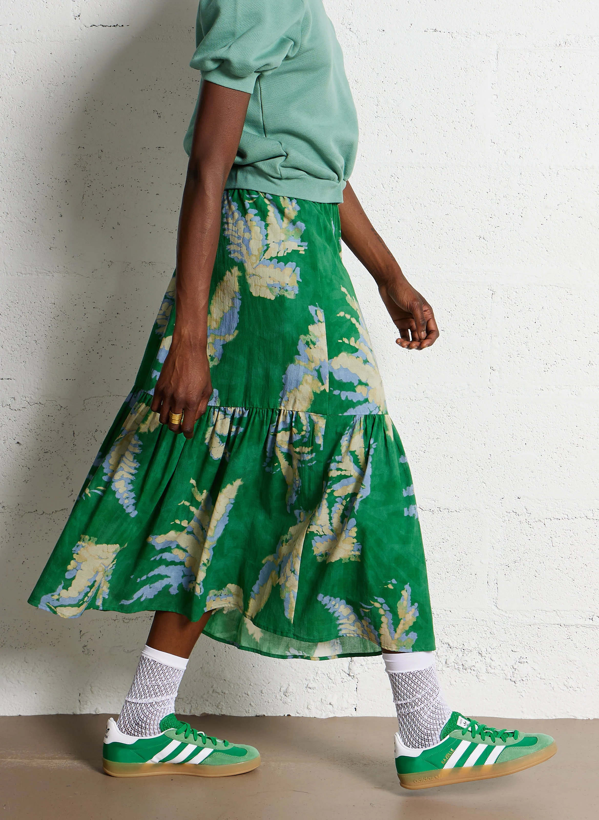 PLARIE - Jupe midi à imprimé floral en coton | Vert