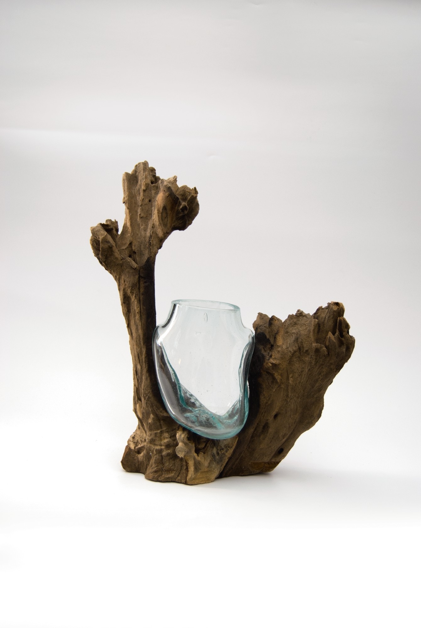 Glasvase auf Wurzelholz, B ca. 20 cm, H 15-20 cm, T ca. 14 cm von fischer's lagerhaus