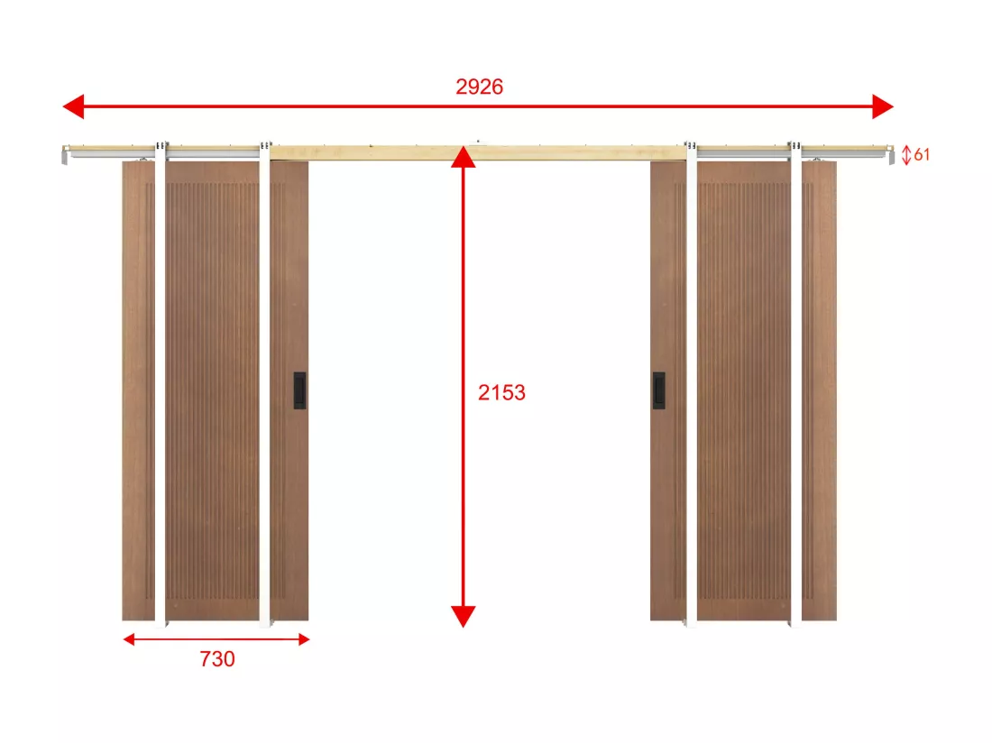Porte coulissante double avec système à galandage en MDF et bois - naturel foncé - 2 x H205 x L73 cm - SANDORA