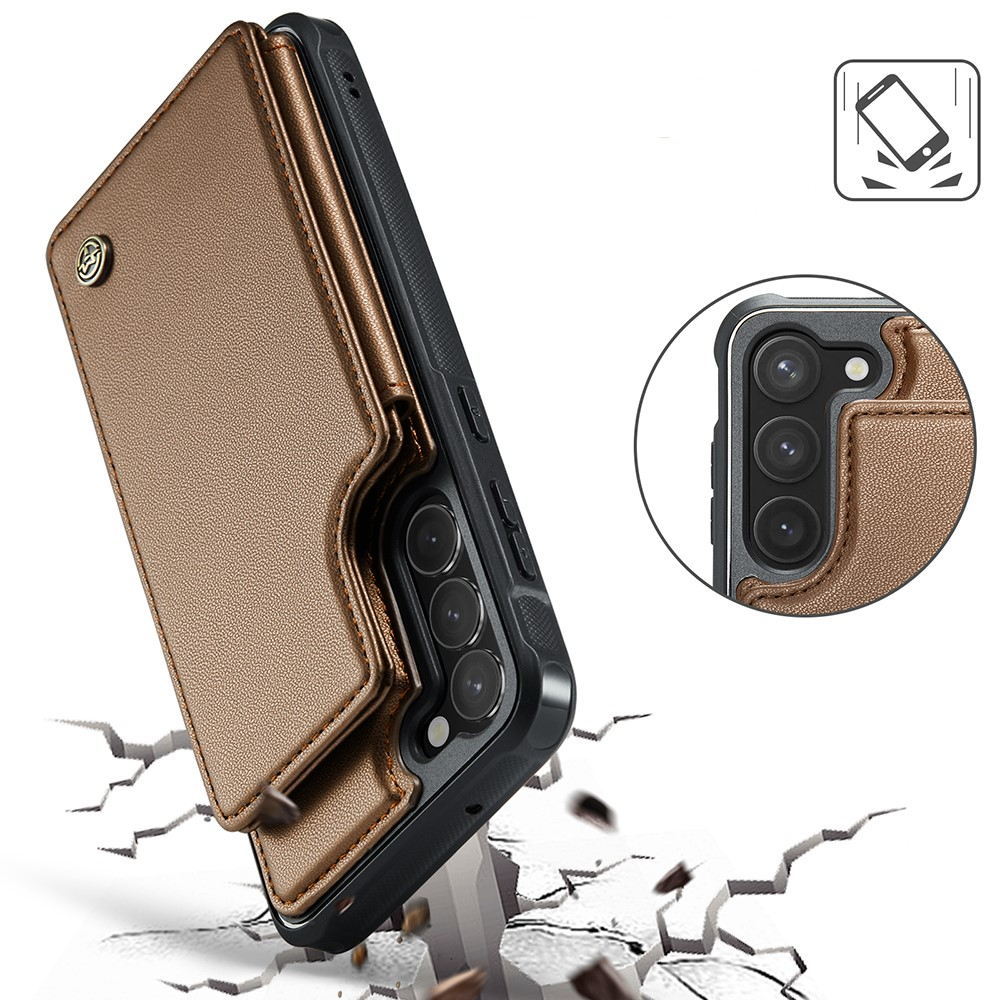 Samsung Galaxy S23 5G Leder Hülle mit Kartenfächern im Litchi Look   Kickstand (RFID Schutz) - Braun