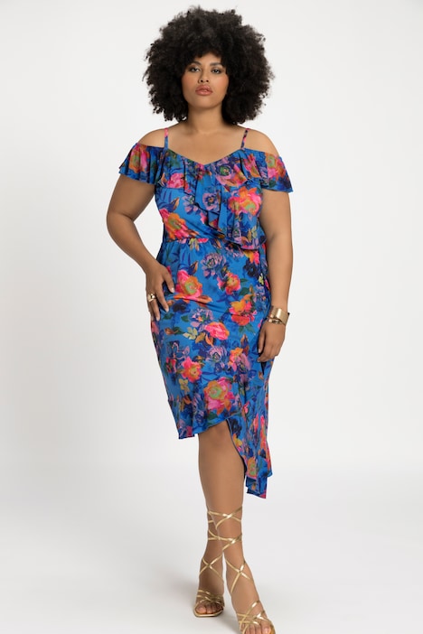 Midikleid, Off Shoulder, Blüten Print, Rüschen