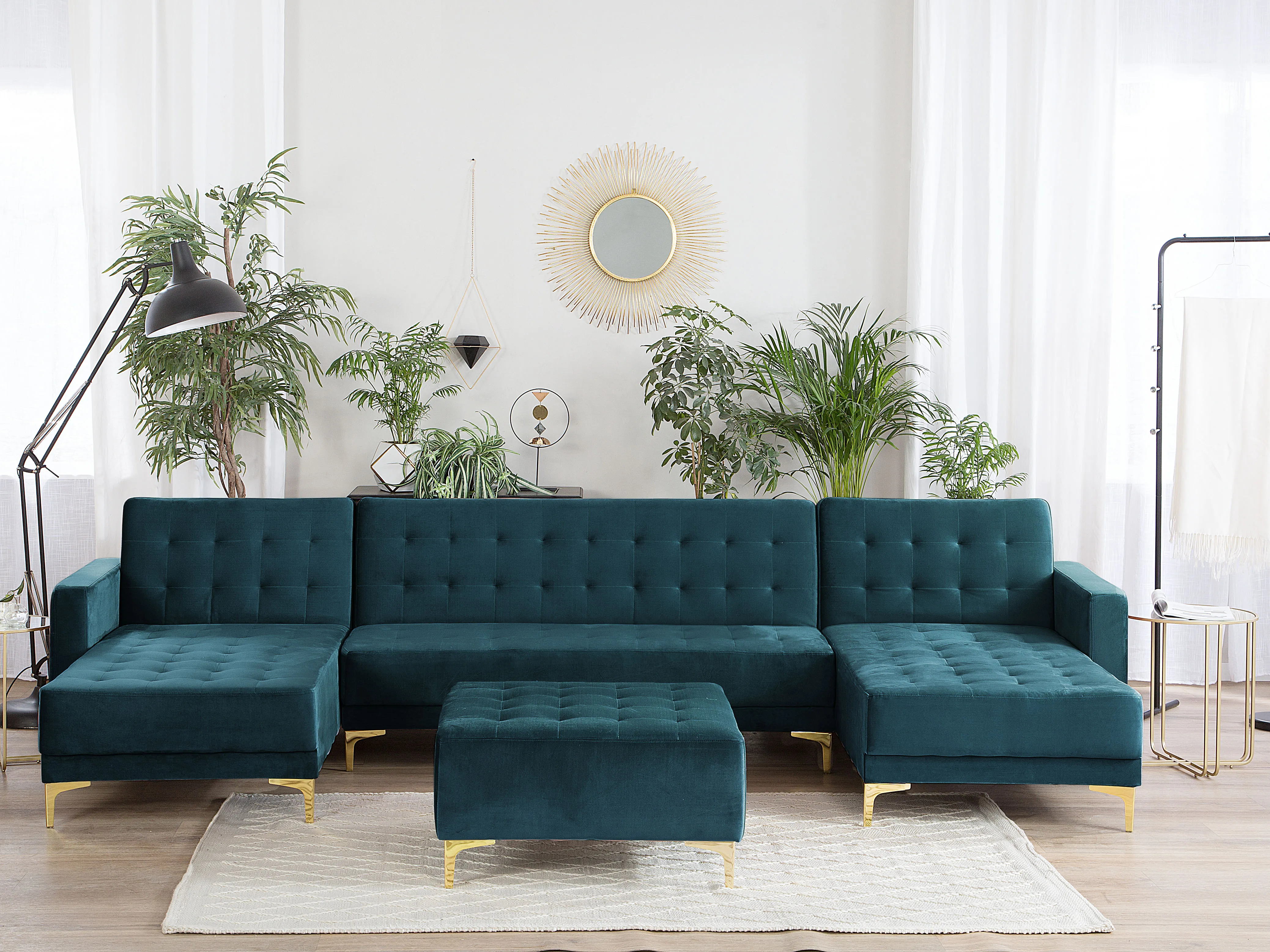 Modulaire U-vormige slaapbank 5-zits ABERDEEN Fluweel Groenblauw met ottomaan