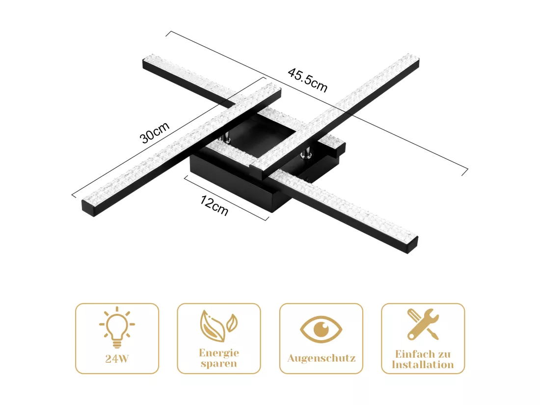 NETTLIFE Plafonnier LED Moderne Design 24W Noir 3000K blanc chaud