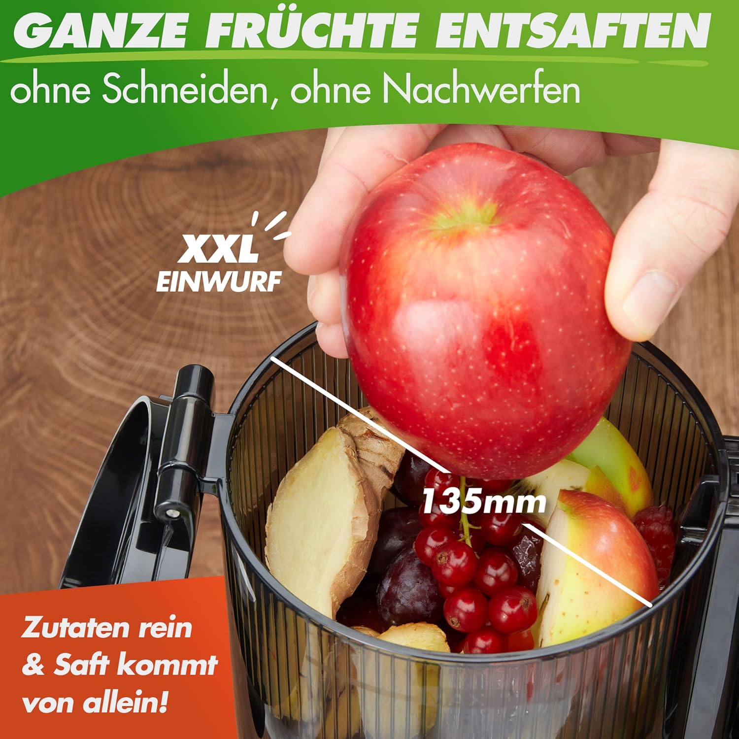 Nutrilovers Entsafter Slow Juicer NUTRI-PRESS MAX Ganze Früchte entsaften mit XXL 135 mm Öffnung, BPA-frei inkl. Saft-Flasche, Slow Juice Rezeptbuch
