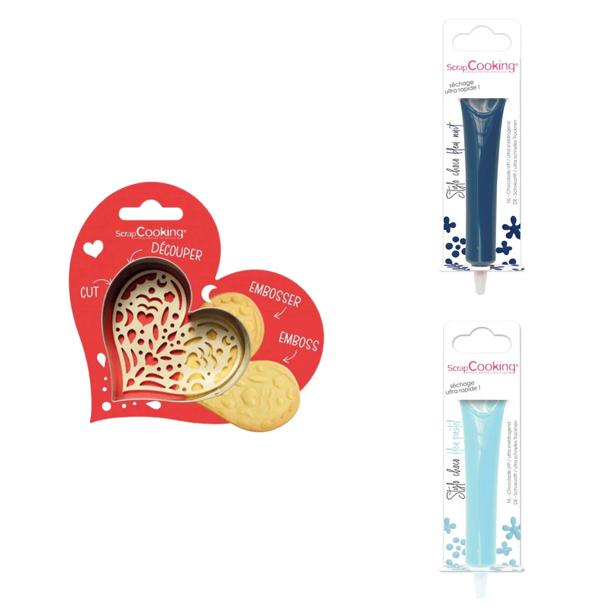 Kit pour biscuit en relief Coeur + 2 Stylos au chocolat bleu nuit et b