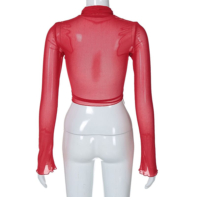 nefky - Lange mouwen mockneck effen wikkel doorschijnend cropped T-shirt