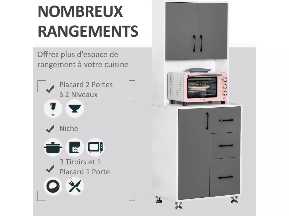 HOMCOM Armoire de cuisine multi-rangements 2 + 1 porte 3 tiroirs + grand plateau dim. 60L x 40l x 150H cm bicolore gris blanc