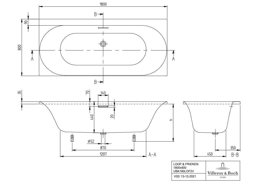 Villeroy & Boch Loop & Friends inbouw ligbad 180x80cm wit mat ovaal
