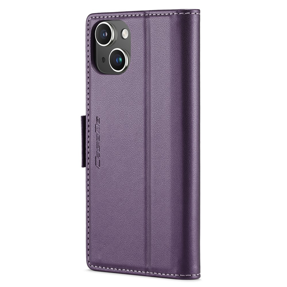 iPhone 15 Leder Tasche Flip Wallet Etui mit Kartenfächern Litchi Look (RFID Schutz) - Violett