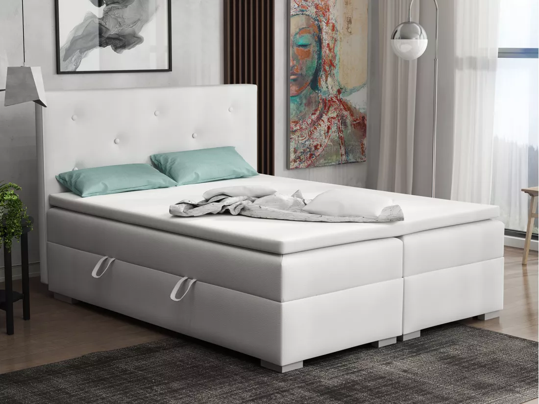 Lit Boxspring avec tiroirs de lit, Coffre de lit Topper Atlanta 160x200 cm, Soft 17 (Blanc)
