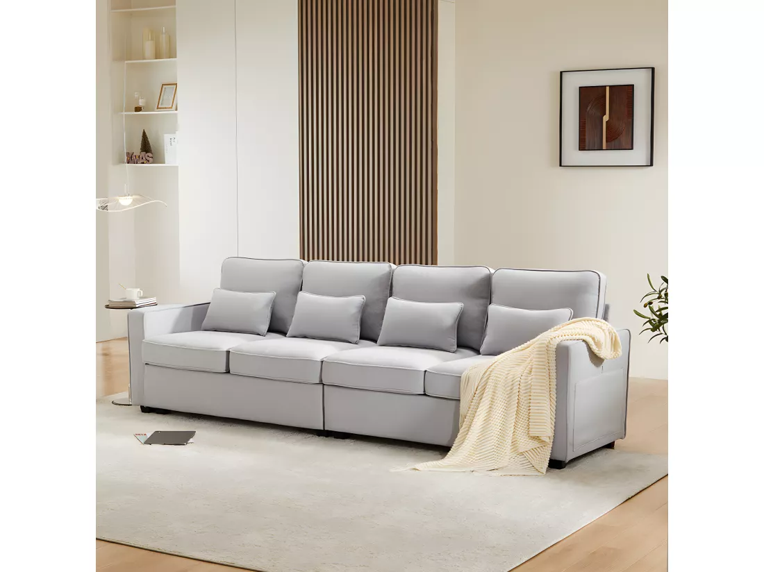 Canapé droit 4 places avec poches accoudoirs et 4 coussins pour le salon l'appartement le bureau Tissu de lin Gris