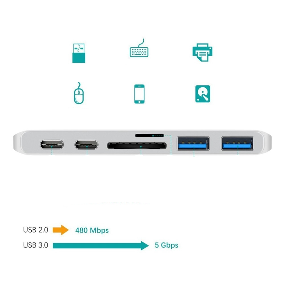 USB C Multiport Hub mit 2x USB C / 2x USB 3.0 Anschluss / Micro SD und SD Kartenlesegerät Apple MacBook Pro / Air - Silber