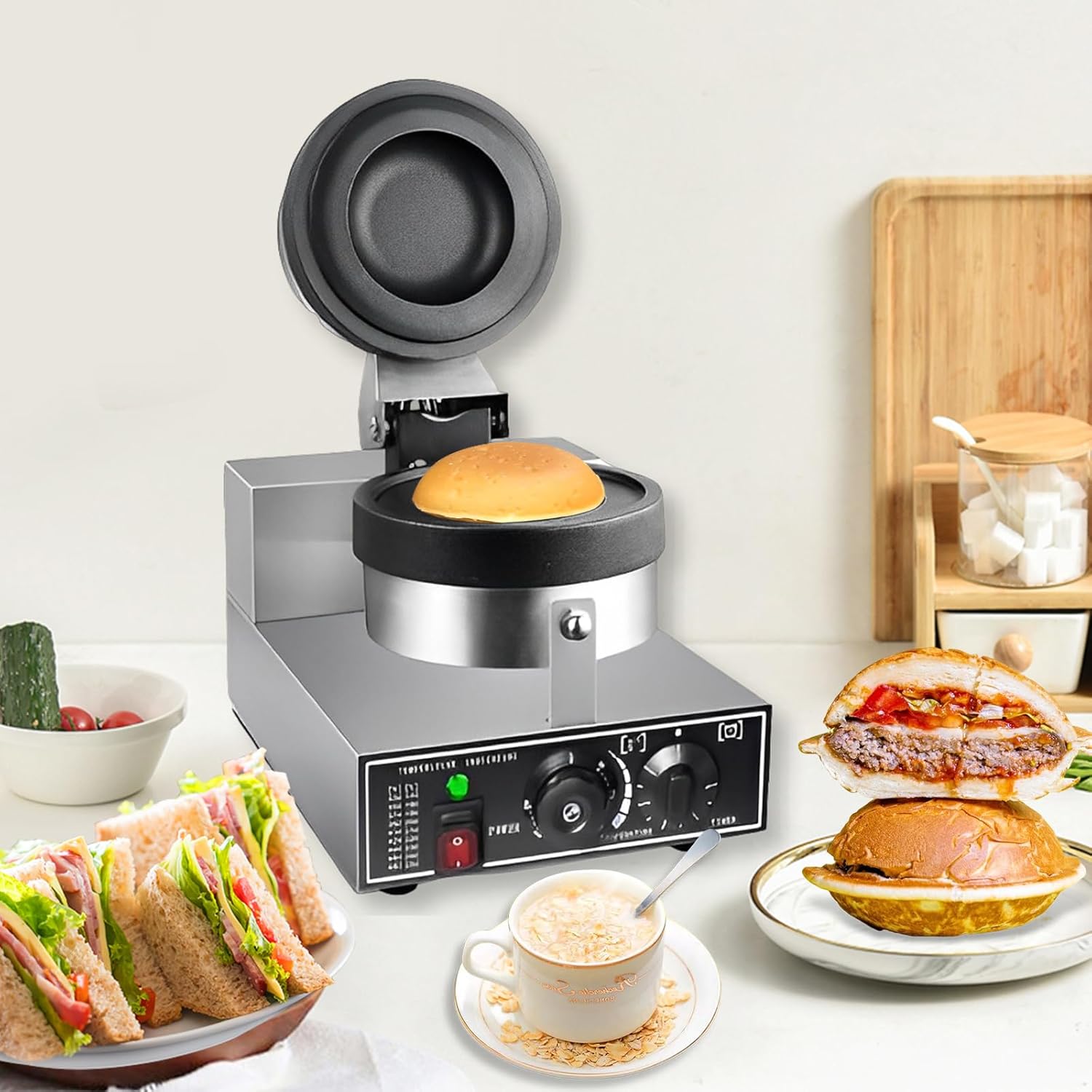 Elektrische UFO-Burger-Presse, Kommerzielle Antihaftbeschichtete Panini-Presse für Hamburger, 50°C - 300°C Temperaturregelung, 0-5 Minuten Zeiteinstellung für den gewerblichen Heimgebrauch
