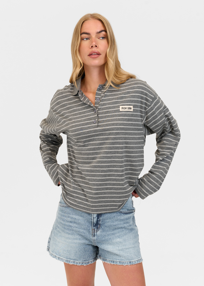 Friday Denim striped polo donkergrijs