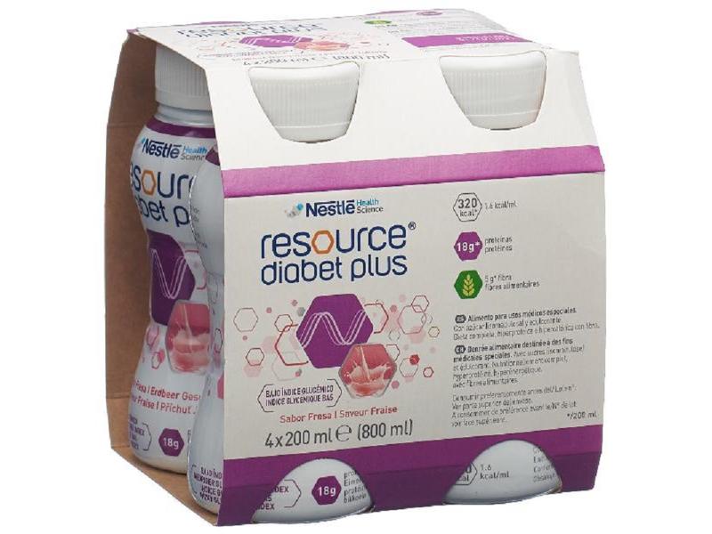 Resource Diabet Plus Erdbeer 4 x 200 ml Hochkalorische Trinknahrung für besondere medizinische Zwecke